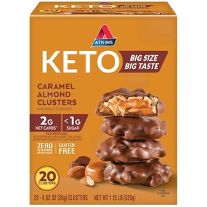 image:imageAtkins Caramel Almond Clusters Gluten Free High in Fiber 1g Sugar 2g Net Carb Keto Friendly 20 CountCaramel Almond Clusters