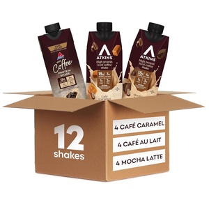 image:imageAtkins Coffee Lovers Protein Shake Variety Pack Mocha Latte Caf Caramel and Caf au Lait Flavored Protein Shakes 15g Protein 3g Fiber GLP1 Friendly 12 CountMocha Latte  Caf au Lait  Caf Caramel